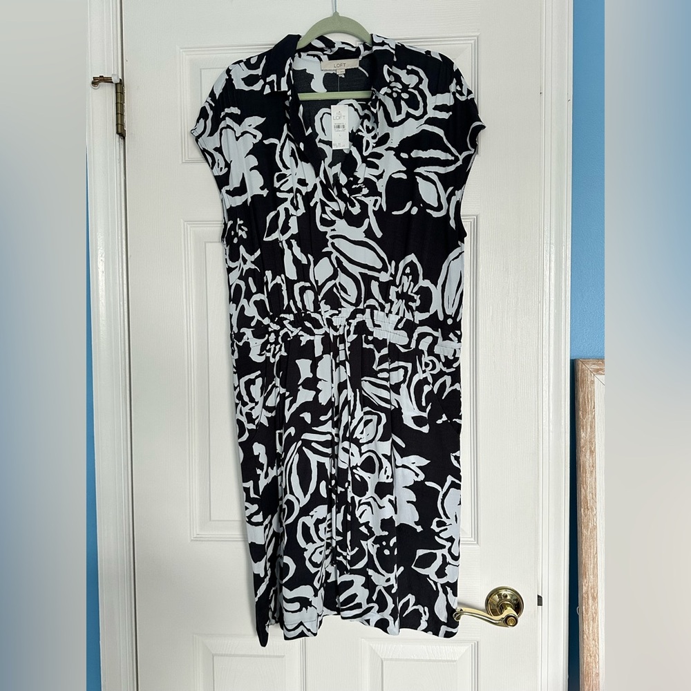 LOFT Black and White Floral Midi Dress